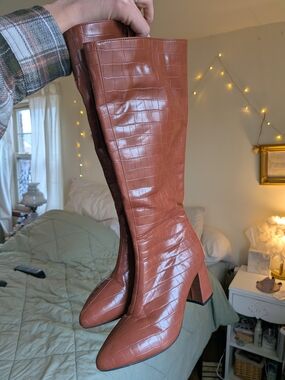 Women's Croc-Embossed Mid-Calf Heeled Boots - Brown